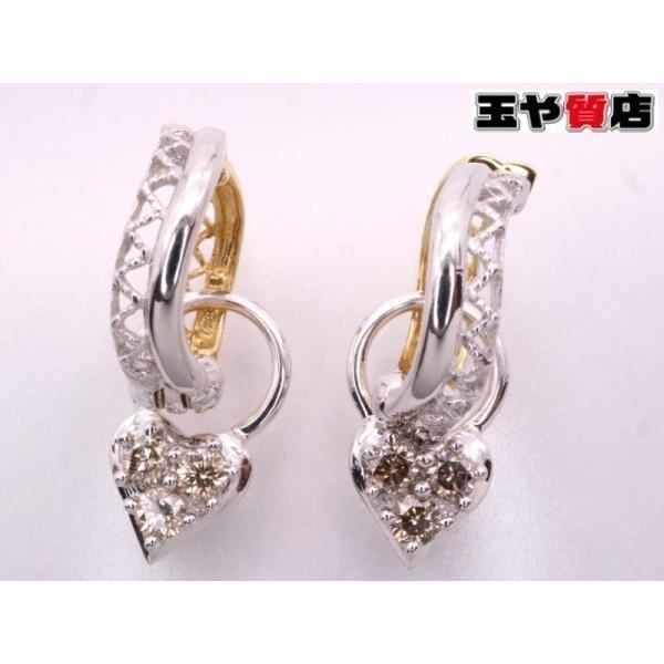 ブラウンダイヤ0.1ctx2 新品同様 ハートチャーム ピアリング K18YG WG