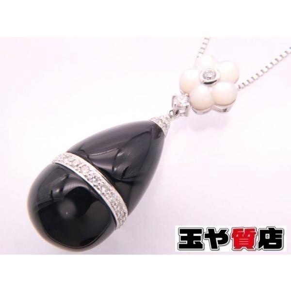 オニキス 美品 ダイヤ0.35ct フラワー シェル ペンダント 