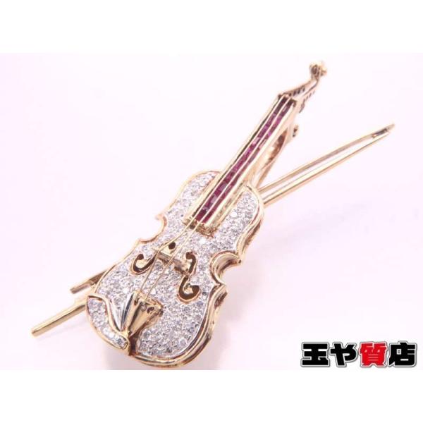 ルビー0.75ct ダイヤ0.50ct バイオリン ブローチ兼ペンダント K18YG