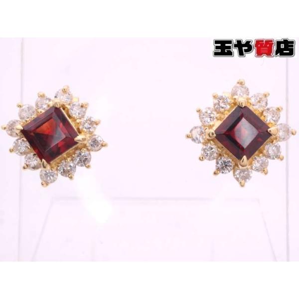 ガーネット0.37+0.57ct ダイヤ0.20ctx2 デザインピアス K18YG イエロー