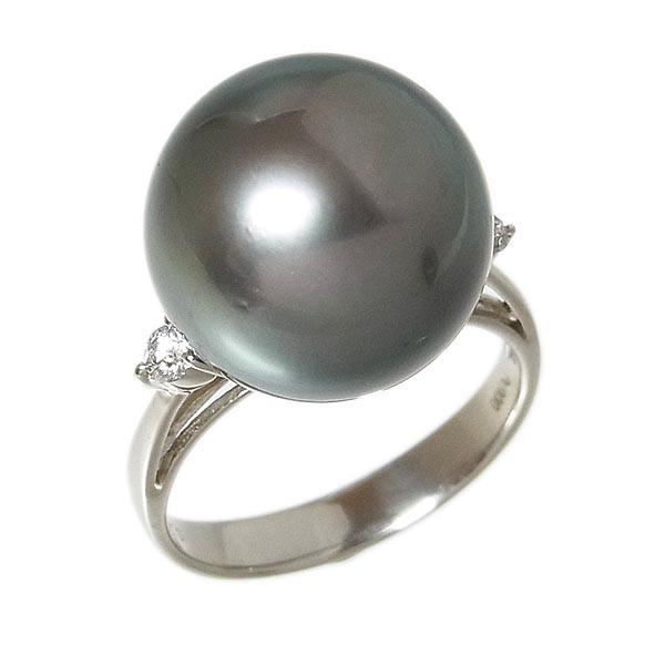 Pt900 黒真珠指輪 タヒチパールファッションリング 14.3mmD:0.13ct 7.6 