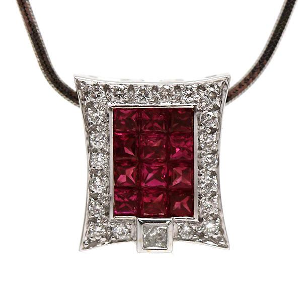 K18WG スクエアネックレス 約45cm ルビー 1.22ct ダイヤモンド 0.25ct 