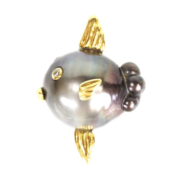 パール　18金ブローチ K18YG マンボウ パールブローチ 18金 イエローゴールド 真珠