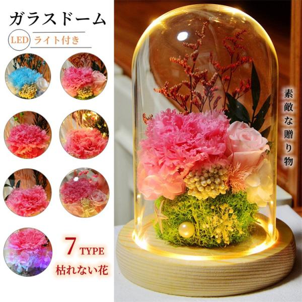 超PayPay祭 プリザーブドフラワー 母の日 フラワーギフト ガラスドーム LEDライト付き カーネーション ローズ フラワーアレンジ 枯れない花