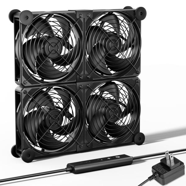 upHere 空冷ファン12cm AC電源 4連冷却ファン ミニ送風機 扇風機 PC 強力冷却クーラー DC12V 5段階風量調整 静音 多用途排気【