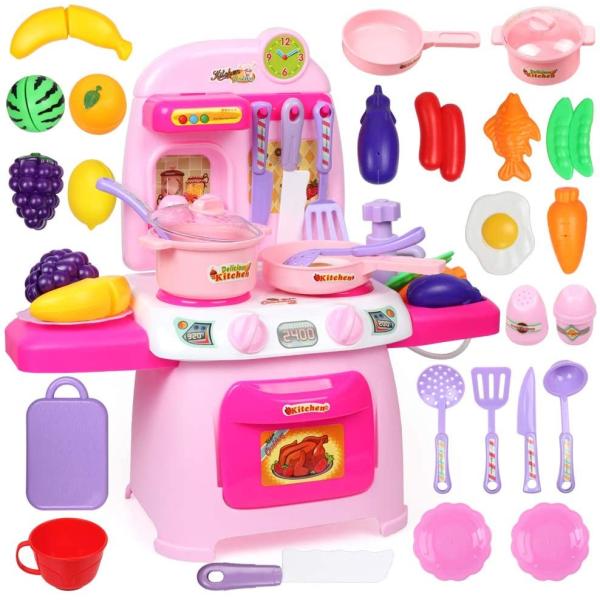 可愛い鍋、フライパン、フライ返し、ガスレンジ、野菜、魚など入れる玩具です。電池（別売り）をいれて、音が流れてレンジ内が光ります、愉快な雰囲気に包れます。 【安心＆安全で遊べます：】安全な素材で作られて、安全で無毒です。危険な角にはすべて丸み...