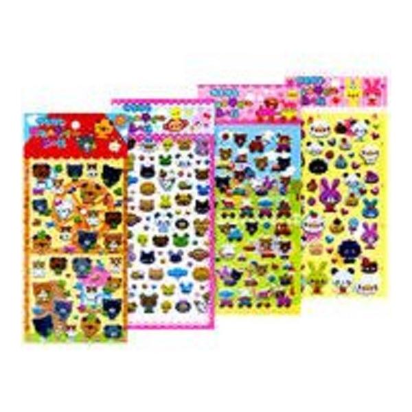 かわいいキャラクターがいっぱいのキラキラぷくぷくシールです。4柄アソート。＊柄の指定は出来ません。台紙サイズ：約23x10.3cm規格　紙・PVC