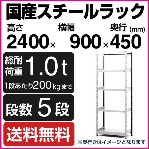スチールラック スチール棚 高さ240×幅90×奥行45cm 5段 200kg/段 単体 