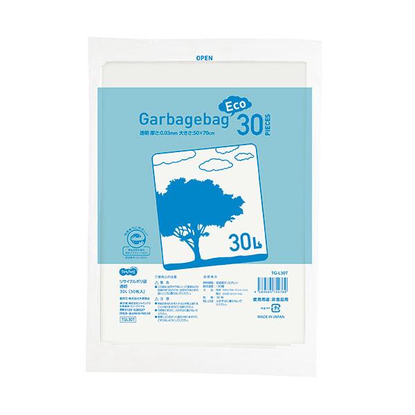 メーカー：オリジナル 　品番：TG-L30T   【低密度ポリエチレン（ツルツル）】廃プラスチックを再利用した環境配慮型ゴミ袋。　　＜透け具合イメージ＞＜使用イメージ＞