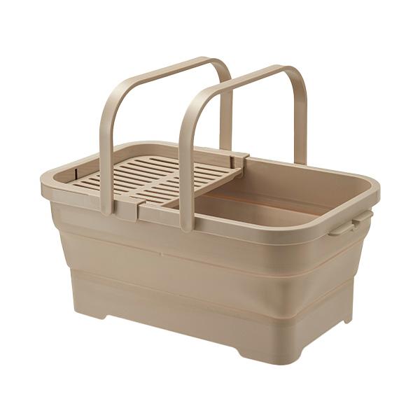 メーカー：伊勢藤　 品番：I-643BE  ちょい置きトレー付きのおりたためるバスケット　　＜折りたたみ時＞トレーは小物のちょい置きに便利。トレーは取り外し可能。