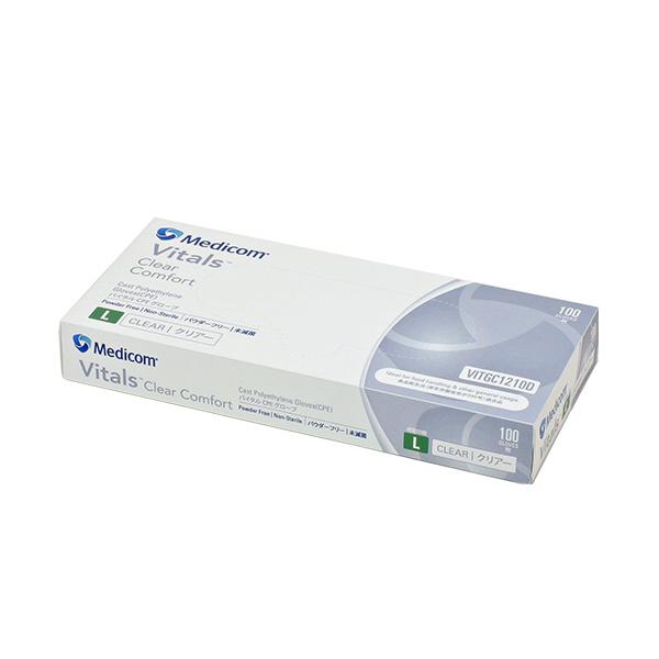 メーカー：メディコム・ジャパン 　品番：VITGC1210D   【食品衛生法適合】掴んだものがくっつきにくい外エンボス手袋　　＜パッケージ裏面＞＜使用イメージ＞