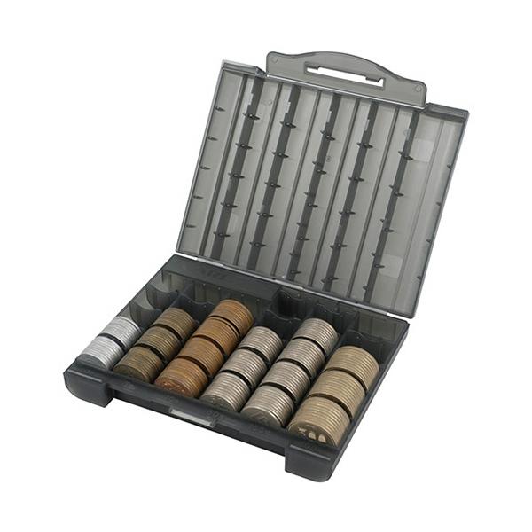 メーカー：カール事務器　 品番：CX-001-D  フタとケースに仕切りがあり、ケース内の硬貨の飛散を防ぐことができるコインケースです。　　＜使用イメージ＞