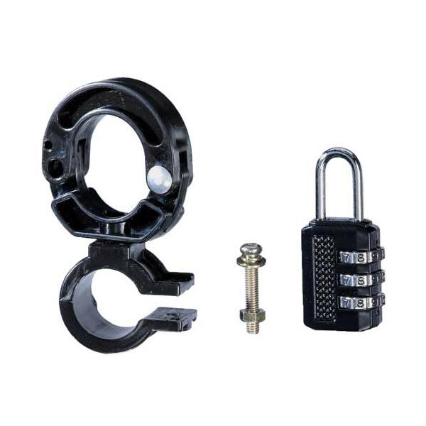 メーカー：川住製作所 　品番：KW-79BK   ヘルメットの保管や盗難防止に。　　ダイヤル式の南京錠がついているので、盗難防止にも。ハンドルポストやハンドルバーに取り付けてヘルメットを保管。＜使用イメージ＞＜使用イメージ＞