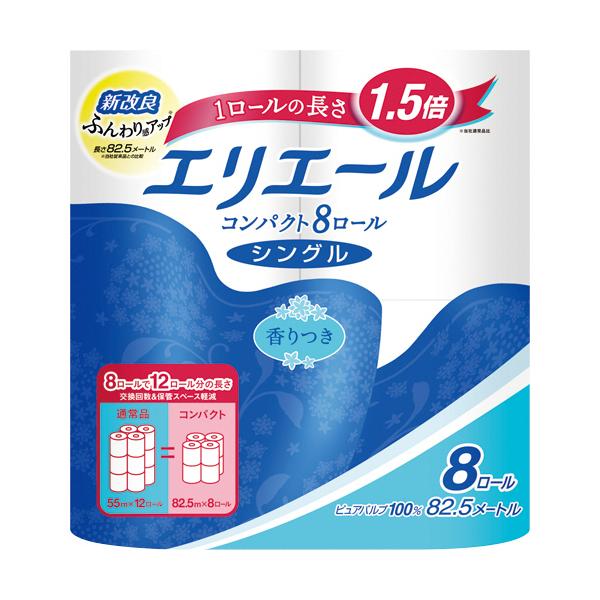 メーカー：大王製紙 　品番：EトイレCP1P8R   エリエールのやさしさを8ロールに詰め込んだコンパクトロール。　　