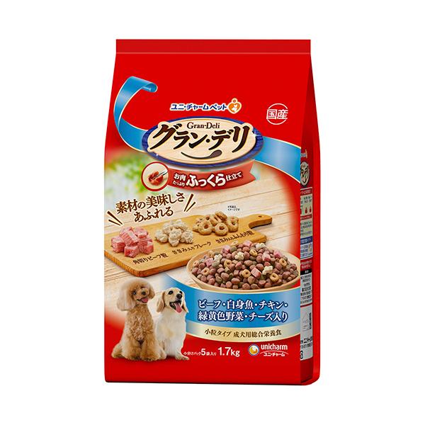 他サイト： グラン・デリ　ふっくら仕立て　ビーフ・白身魚・チキン・緑黄色野菜・チーズ入り　１．７ｋｇ（３４０ｇ×５袋）　１セット（４パック）（お取寄せ品)の商品画像
