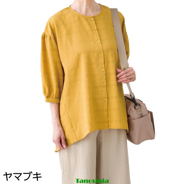 7分袖やわらかサッカーブラウス シニアファッション レディース 春夏 おしゃれ トップス オシャレ着 前開き 女性 婦人 ミセス シニア 大人 後ろ身頃長め cf