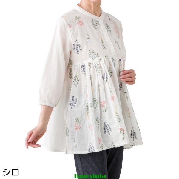 7分袖花柄刺繍前開きブラウス 婦人用 レディース 女性用 2026年新作 春夏 シニアファッション ブラウス トップス 60代 70代 80代 90代 cf