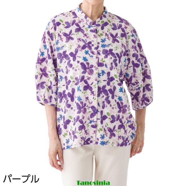 スナップ釦前開きパフスリーブブラウス シニアファッション レディース 春夏 おしゃれ トップス オシャレ着 女性 婦人 ミセス 大人 華やか 上品 キレイめ