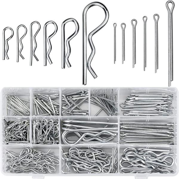 カラー：シルバー【セット内容】コッターピンの品揃えには、12種類一般的に使用されるサイズのコッターピンとヘアピンが含まれております。合わせて250個のコッターピンヘアピンとRクリップファスナーを透明ボックスに梱包され、便利に素早くアクセスで...