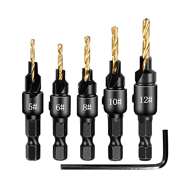 "パッケージ内容：皿ビット5点セット＋六角レンチ*1、サイズ：5# 54*6.35mm, 6# 56*6.35mm, 8# 60*6.35mm, 10# 66*6.35mm, 12# 69*6.35mm幅広い素材に対応：木工用カウンターシン...