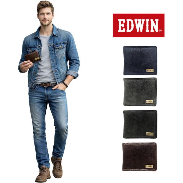 EDWIN（エドウィン） メタルプレート シボ合皮 二つ折り財布 折り財布