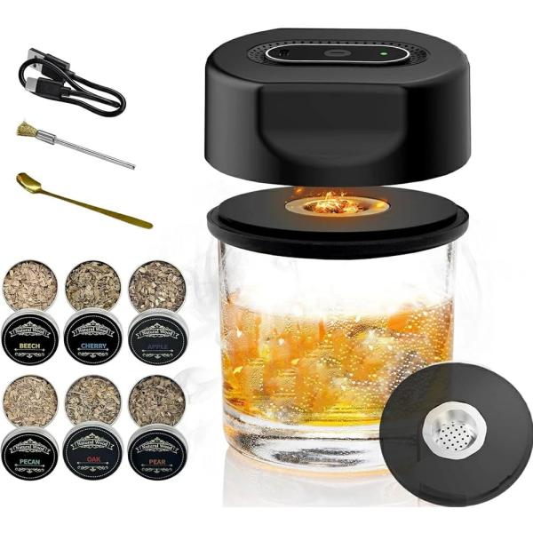 グラストップスモーカー 電動 カクテル スモーカー コードレス 自動燻製器 ワンタッチ操作 6種類の木製チップ付き カクテルスモーカー 燻製器 USB充電式 家庭用
