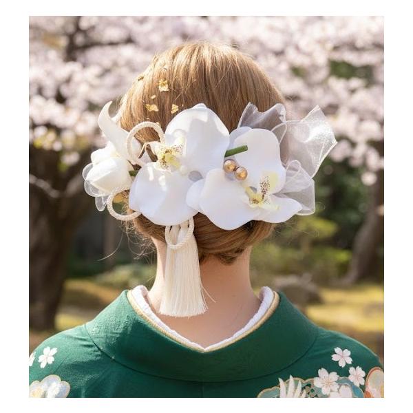 国産髪飾りTata8】高級造花胡蝶蘭×2 チューリップ 成人式 結婚式 卒業