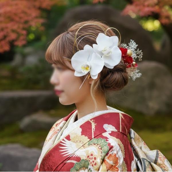 【髪飾りTata8】国産 成人式 振袖 結婚式 卒業式 袴 着物 和装 七五三 白無垢 高級造花 胡蝶蘭 水引き 金箔 パール 和玉 ゴールド/白ホワイト/赤レッド982