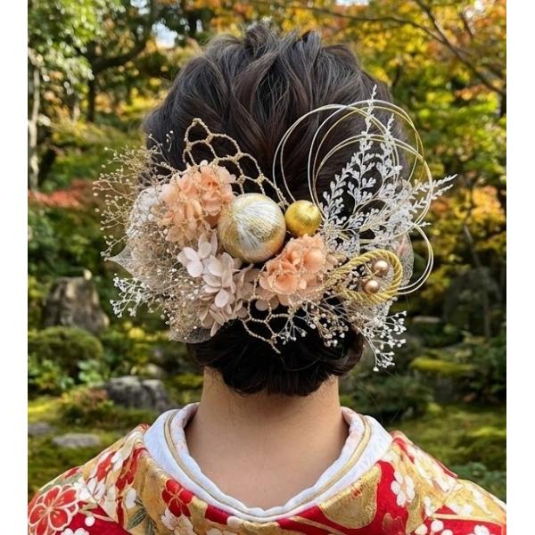 【髪飾りTata8】成人式 振袖 結婚式 卒業式 袴 和装 着物 お花 形状保てるリボン 和玉 飾り紐 水引 金箔 パール オレンジ/ピンク系/白/ゴールド/シルバー57h