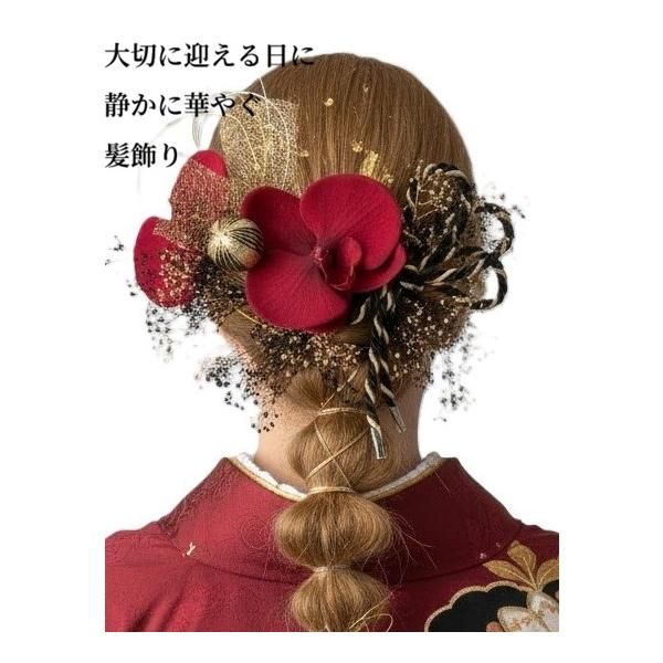 【髪飾りTata8】成人式 髪飾り 振袖 結婚式 卒業式 七五三 前撮り 袴 和装 高級造花胡蝶蘭 水引き 和玉 金箔 リボン ワインレッド/ゴールド/黒/シルバー73bh