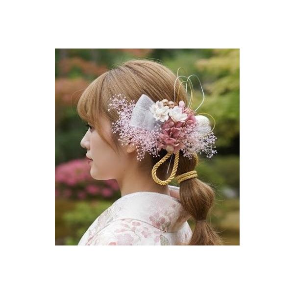 【髪飾りTata8】成人式 振袖 結婚式 卒業式 七五三 袴 和装 着物 ポニーテール お花 金箔 リボン 飾り紐 和玉 パール 水引き(ピンク系/ゴールド/シルバー)77a