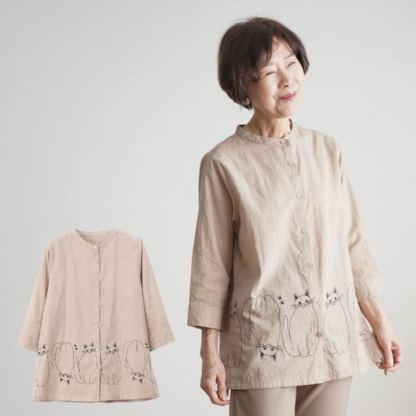 シニアファッション 80代 70代 60代 高齢者 婦人服 ブラウス レディース シニア 服 おばあちゃん 母 誕生日 プレゼント 女性 綿100% 猫プリント 七分袖 ブラウス