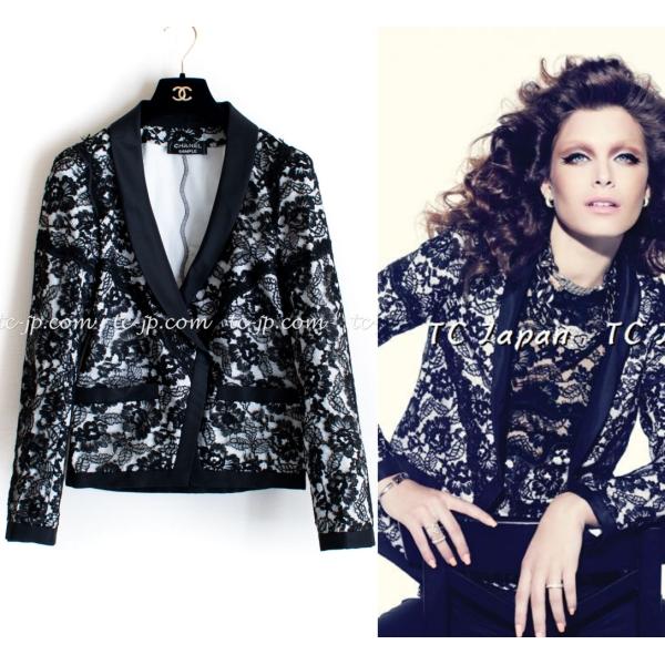 CHANEL - シャネル ジャケット CHANEL ブラック ホワイト フローラル レース パーティー ダブル カール・ラガーフェルド作品 超美品 34 CHANEL（シャネル） ジャケット ブラック ホワイト フローラル レース