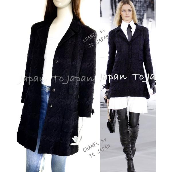 CHANEL シャネル コート ブラック ウール シルク 袖リボン装飾  