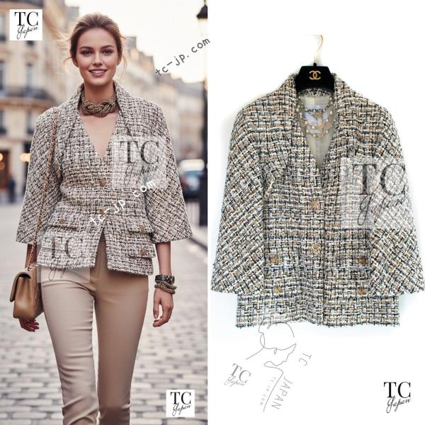 CHANEL - 138万 シャネル ジャケット CHANEL ホワイト ブラック ゴールドメタリック グリポワ宝石ボタン ツイード 超美品 42 CHANEL（シャネル） ジャケット CHANEL 138万 ホワイト ブラック