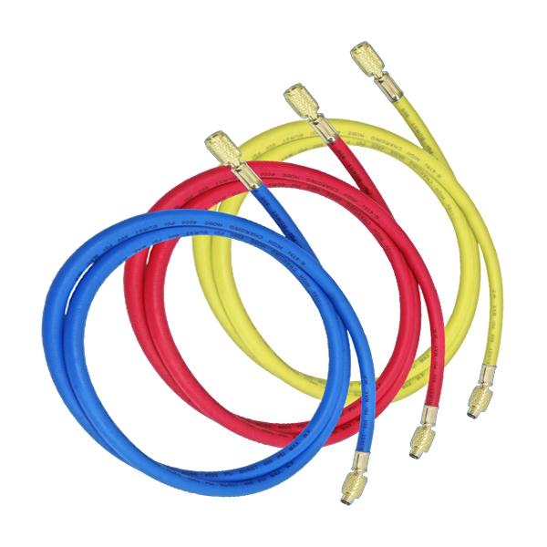 【 マニホールド用 エアコンガスチャージホース 150cm 3本セット 】エアコンガスの補填・充填時の圧力確認の際に使用するホースの交換用！高圧用・低圧用・チャージ用のホース3本のセット商品です。◎ホース長さ1.5mでキャブオーバータイプの...