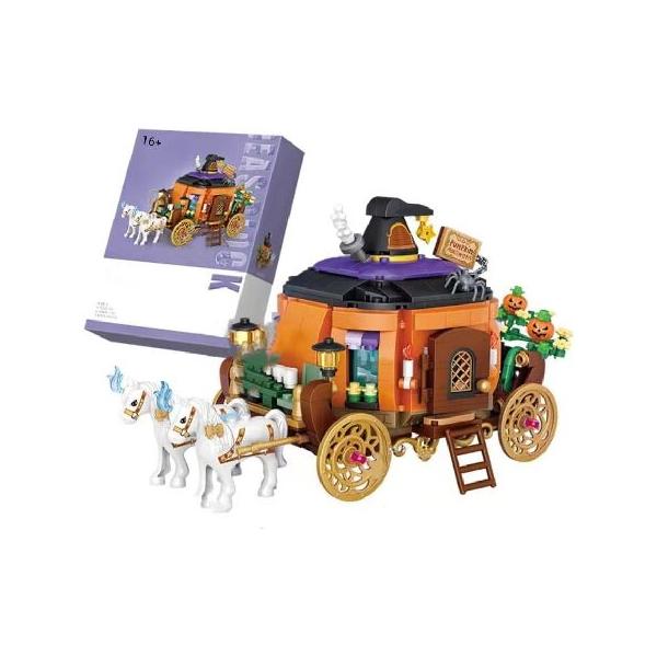 Pasyru 839 Pcs Halloween Building Set, Mini Bricks Halloween Haunted House Toys, Halloween Pumpkin House Building Kit, Halloween Displayable Party Gif