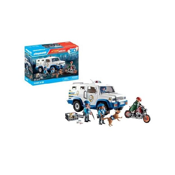 Playmobil 71597 Action Heroes Armoured Van with Fund Conveyors - Includes Three Police, Motorcycle Thief and Police Dog - Ages 4+