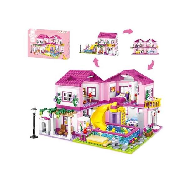 CSNRHG Pink Summer Pool Villa Building Block Set Friends Construction Educational Toy 1018 Pieces Gifts for Girls Teens Kids Adults Ages 6+