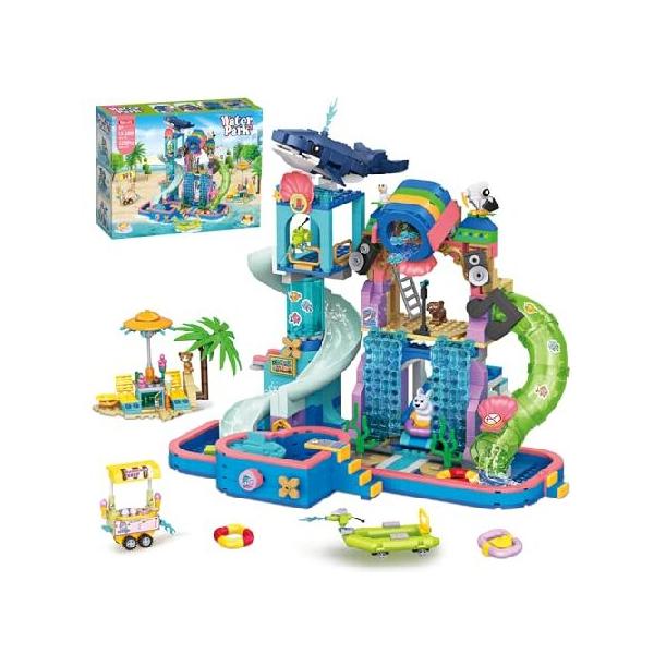 WinGift 1150Pcs Friends Water Park Building Set, STEM Summer Fun Party Toy with Swimming Pool Slides,Water Canons,Diving Platform,Animal, Pretend Play