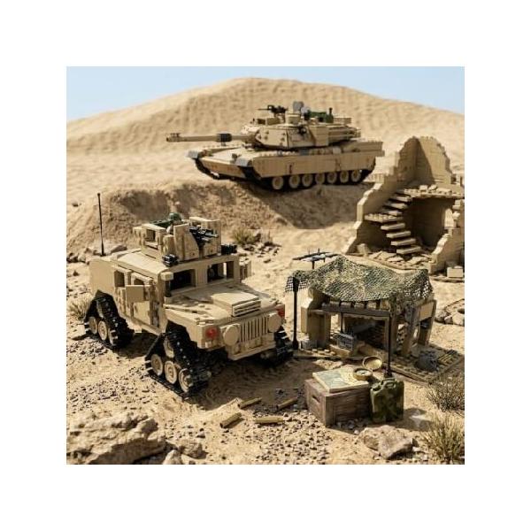 1463-Piece M1A2 Abrams Main Battle Tank Building Blocks Set, 2-in-1 Military Vehicle Kit with Tactical Half-Track Humvee and Battlefield Ruin Diorama,