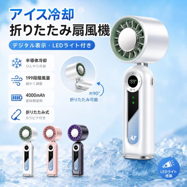 ハンディファン 冷却プレート付き 携帯扇風機 199段階風量調節 4000mAh 首掛け 卓上 手持ち 小型扇風機 Type-C充電 LEDライト カラビナ付き 冷却ファン 軽量