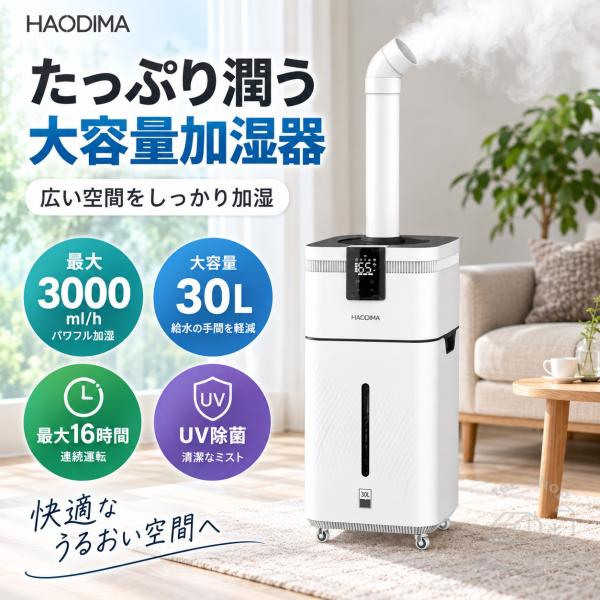 加湿器 30L 大容量 超音波式 業務用 家庭用 クアッドコア アトマイズ 空焚き防止 UV機能 乾燥対策 庭 ベランダ 室内向け M＆K（株）仕様