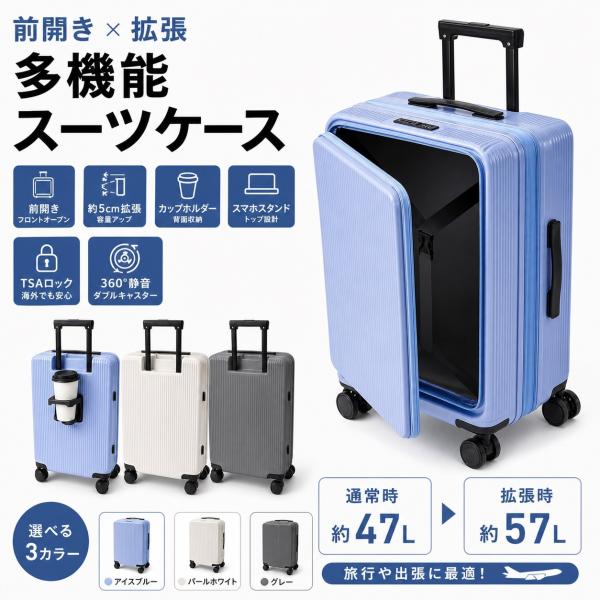 スーツケース 20インチ 機内持ち込み フロントオープン 拡張機能 キャリーケース 軽量 静音双輪キャスター 360度回転 大容量 前開き 旅行 出張