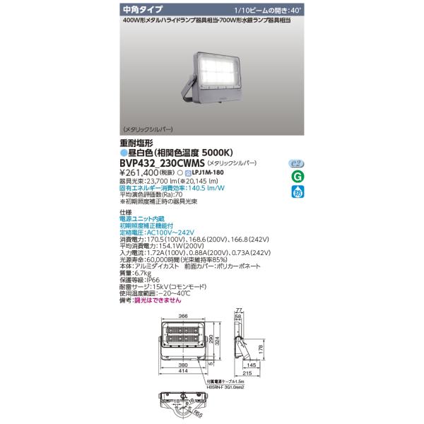 その他 BVP432_230CWMS BVP432_230CWMS || LED小形投光器 東芝 【700W形水銀ランプ/400W