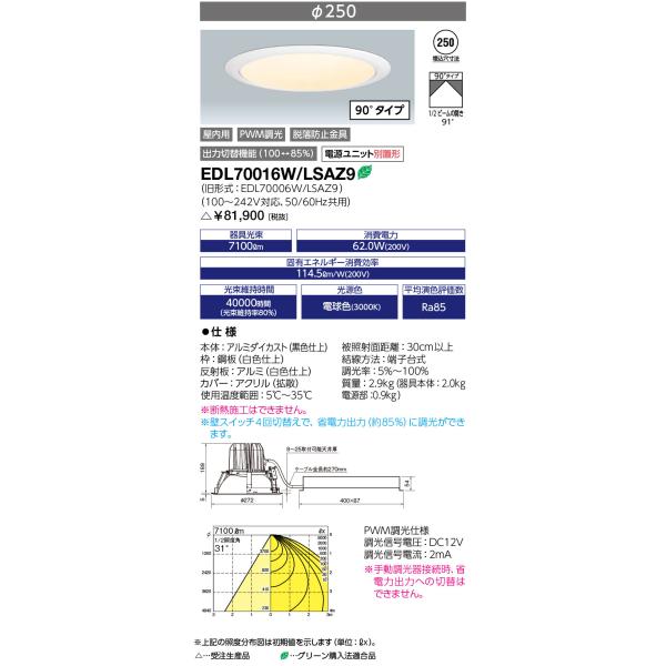 岩崎電気 送料無料 EDL70016W/LSAZ9 (EDL70016WLSAZ9) LEDダウンライト