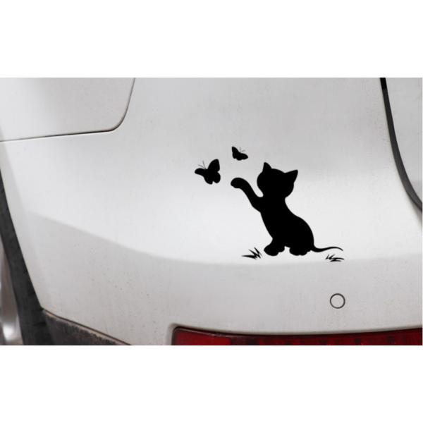 蝶々と猫ステッカー　ねこステッカー　防水カッティングステッカー（サイズ：約10.0cm×15.5cm） 　※お届け先全国一律送料無料！！沖縄・離島も無料！！