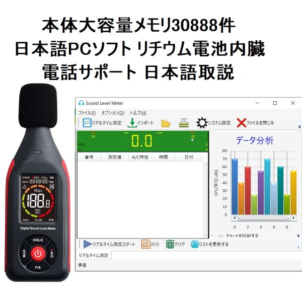 本体大容量メモリ30888件 リチウム電池内臓 日本語PCソフト データロガー 騒音計 リアルタイム測定結果パソコンへ デジタル騒音計 サウンドメーター