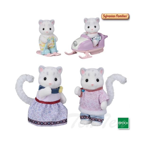 【 即納品 】(即納品のみ同梱可。)白くてふわふわの毛と長いしっぽが特徴のゆきヒョウファミリーです。お父さん、お母さん、お揃いのロンパースを着た赤ちゃんふたりと小物のセットです。お洋服は優しい色合いのレオパード柄。赤ちゃんスノーモービルに赤...