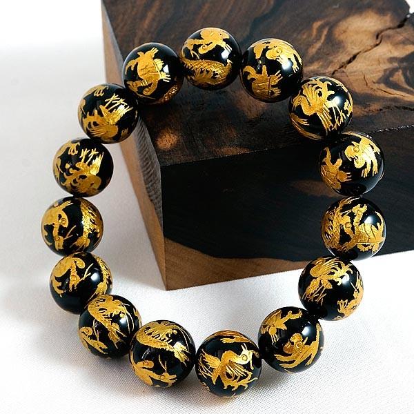 手彫り 金塗四神獣 オールインワンオニキス 14mm ブレスレット